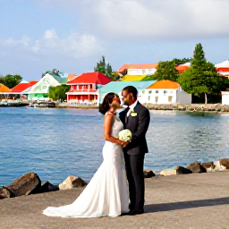 Caribbean Holidays, Grenada Weddings, Bride and groom exploring St George&rsquo;s Grenada, colourful waterfront buildings and harbour in the background