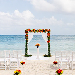 Caribbean Holidays, Grenada Weddings, Elegant beach wedding ceremony in Grenada with white chairs, tropical flowers and the sea beyond