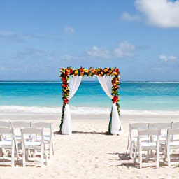 Caribbean Holidays, Grenada Weddings, Elegant beach wedding ceremony in Grenada with white chairs, tropical flowers and turquoise sea