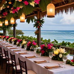 Caribbean Holidays, Grenada Weddings, Elegant outdoor wedding reception overlooking the sea in Grenada, with tropical flowers, lanterns and a long dinner table