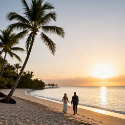 Caribbean Holidays, Grenada Weddings July, Bride and groom walking along a quiet Grenada beach at sunset, with palm trees and calm Caribbean water