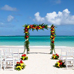 Caribbean Holidays, Grenada Weddings July, Elegant outdoor wedding ceremony on a Grenada beach, white chairs, tropical flowers and turquoise sea