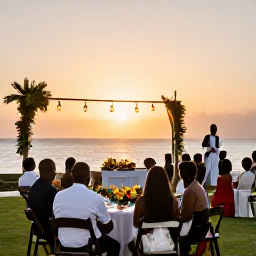 Caribbean Holidays, Grenada Weddings July, Newlyweds enjoying a Grenada sunset reception with tropical flowers, lanterns and guests at outdoor tables