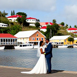 Caribbean Holidays, Grenada Weddings, Newly married couple exploring St George's harbour in Grenada, with colourful buildings, hillside streets and boats in the water