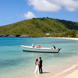 Caribbean Holidays, Grenada Weddings, Newlyweds enjoying a secluded Grenada cove with a small boat, clear water and green tropical hills