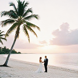 Caribbean Holidays, Grenada Weddings, Newlyweds standing on a quiet white-sand beach in Grenada at sunset, with palm trees and calm turquoise water