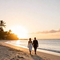 Caribbean Holidays, Grenada Weddings, Newlyweds walking along a quiet Caribbean beach in Grenada at sunset