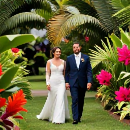 Caribbean Holidays, Grenada Weddings, Newlyweds walking through a lush Grenada tropical garden after their wedding, surrounded by palms and bright flowers