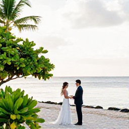 Caribbean Holidays, Grenada Weddings November, Bride and groom exchanging vows beside a calm Caribbean Sea beach in Grenada in November, with tropical greenery and gentle sunshine