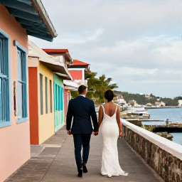 Caribbean Holidays, Grenada Weddings November, Couple exploring St George's Grenada after their wedding, walking past colourful buildings and harbour views