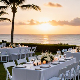 Caribbean Holidays, Grenada Weddings November, Elegant outdoor wedding reception in Grenada at sunset, with simple tropical table decorations, candles and views across the Caribbean Sea