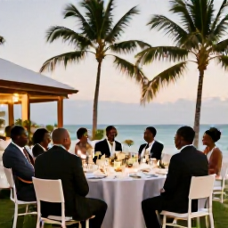 Caribbean Holidays, Grenada Weddings November, Happy wedding guests enjoying a relaxed reception at a stylish beachfront venue in Grenada, with palm trees and warm evening light