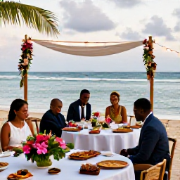 Caribbean Holidays, Grenada Weddings October, A bride and groom enjoying a relaxed wedding reception beside the sea in Grenada, with tropical flowers, local food and soft evening lights