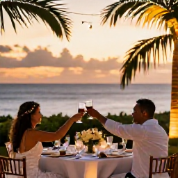 Caribbean Holidays, Grenada Weddings October, A happy newlywed couple raising a toast at a sunset reception overlooking the Caribbean Sea in Grenada, with warm lights and tropical foliage