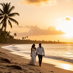 Caribbean Holidays, Grenada Weddings October, A newly married couple walking along a quiet Grenadian beach at sunset, with gentle waves, palm trees and warm golden light