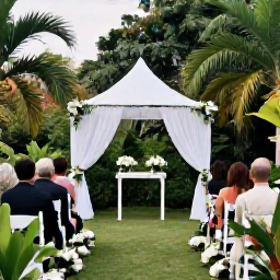 Caribbean Holidays, Grenada Weddings October, An elegant outdoor wedding ceremony beneath a simple white canopy in a tropical Grenadian garden, with lush greenery and guests seated nearby