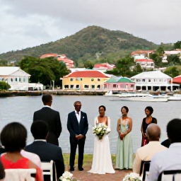 Caribbean Holidays, Grenada Weddings October, Wedding guests exploring St George&rsquo;s Grenada after a ceremony, with colourful waterfront buildings, boats and tropical hills in the background