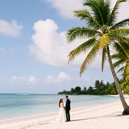 Caribbean Holidays, Grenada Weddings, Romantic Grenada honeymoon scene with couple on a secluded beach, palm trees and calm turquoise water