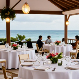 Caribbean Holidays, Grenada Weddings, Wedding guests enjoying an elegant outdoor reception in Grenada, with local food, tropical flowers, lanterns and views towards the sea