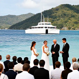 Caribbean Holidays, Grenada Weddings, Wedding guests exploring Grenada after a ceremony, with a catamaran near the coast, green hills and clear Caribbean water