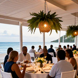 Caribbean Holidays, Grenada Weddings, Wedding reception at a Grenada beachfront restaurant with tropical table decorations and guests enjoying dinner