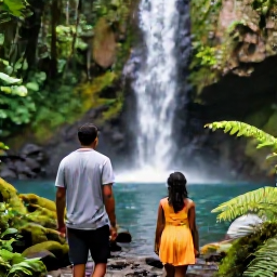 Caribbean Holidays, Grenada Wellness, A couple walking through Grenada's lush tropical rainforest near a waterfall, with natural pools, ferns and filtered sunlight