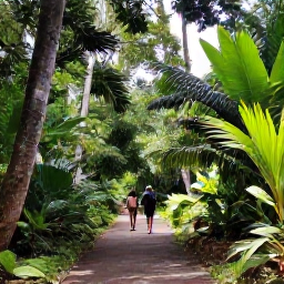 Caribbean Holidays, Grenada Wellness, A lush Grenadian rainforest trail near Grand Etang, with tropical plants, tall trees, filtered sunlight and walkers enjoying a peaceful nature walk