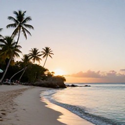 Caribbean Holidays, Grenada Wellness, A peaceful December sunrise over Grand Anse Beach in Grenada, with calm turquoise water, soft golden light and palm trees