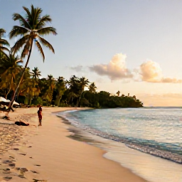 Caribbean Holidays, Grenada Wellness, A peaceful January morning at Grand Anse Beach in Grenada, with calm turquoise water, soft golden sand, palm trees and a person relaxing by the shore