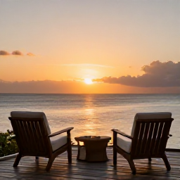 Caribbean Holidays, Grenada Wellness, A quiet sunset over Grenada's coastline, with a peaceful terrace, comfortable chairs and warm Caribbean light