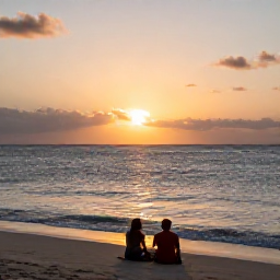 Caribbean Holidays, Grenada Wellness, A relaxed sunset scene at a quiet Grenada beach, with gentle waves, warm evening light and a couple sitting comfortably near the water