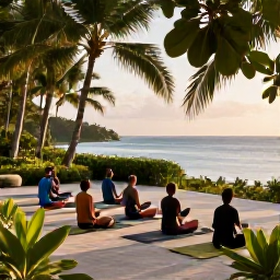 Caribbean Holidays, Grenada Wellness, A serene yoga session on a shaded tropical terrace overlooking the sea in Grenada, with mats, greenery and soft morning light