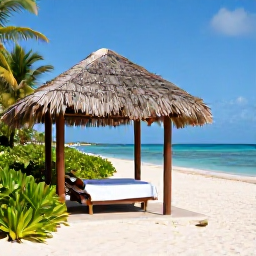 Caribbean Holidays, Grenada Wellness, A tranquil beachfront wellness setting in Grenada, with a shaded massage pavilion, tropical greenery and the Caribbean Sea in the background
