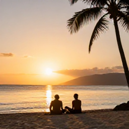 Caribbean Holidays, Grenada Wellness, Couple relaxing on a quiet Grenada beach at sunset, warm golden light, calm sea and palm silhouettes