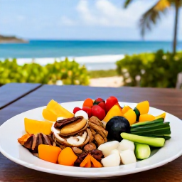 Caribbean Holidays, Grenada Wellness, Fresh healthy Caribbean meal in Grenada featuring colourful fruit, vegetables, local spices and a sea view