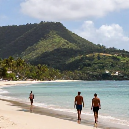 Caribbean Holidays, Grenada Wellness, Grand Anse Beach in Grenada with a couple walking along the shoreline, calm water and lush green hills
