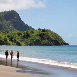 Caribbean Holidays, Grenada Wellness, Grand Anse Beach in Grenada with a couple walking beside calm water, gentle waves and lush hills