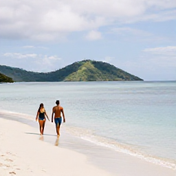 Caribbean Holidays, Grenada Wellness, Grand Anse Beach in Grenada with a couple walking beside the water, soft sand, calm sea and green hills in the distance