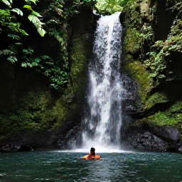 Caribbean Holidays, Grenada Wellness, Grenada rainforest waterfall with a visitor taking a peaceful swim, lush tropical plants and natural green surroundings