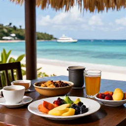 Caribbean Holidays, Grenada Wellness, Healthy Caribbean breakfast with fresh tropical fruit, herbal tea and local ingredients on a shaded terrace overlooking the sea in Grenada