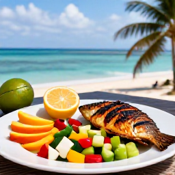 Caribbean Holidays, Grenada Wellness, Healthy Caribbean meal in Grenada with fresh tropical fruit, grilled fish, colourful vegetables and a sea view