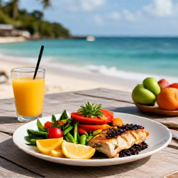 Caribbean Holidays, Grenada Wellness, Healthy Grenadian meal with fresh fruit, vegetables, grilled fish and spices on a relaxed outdoor table overlooking the sea