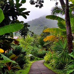 Caribbean Holidays, Grenada Wellness, Lush Grand Etang rainforest in Grenada with a peaceful walking trail, tropical foliage and misty hills