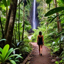 Caribbean Holidays, Grenada Wellness, Lush Grenada rainforest trail with a small waterfall, tropical plants and a relaxed visitor exploring the path