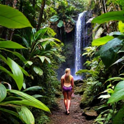 Caribbean Holidays, Grenada Wellness, Lush Grenada rainforest trail with a small waterfall, tropical plants and a visitor walking peacefully