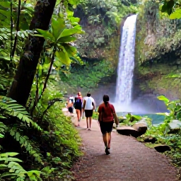 Caribbean Holidays, Grenada Wellness, Lush Grenadian rainforest trail leading to a peaceful waterfall, with visitors walking in light outdoor clothing