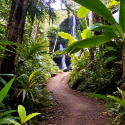 Caribbean Holidays, Grenada Wellness, Lush Grenadian rainforest trail leading to a small waterfall, with tropical plants and sunlight filtering through trees