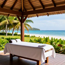 Caribbean Holidays, Grenada Wellness, Open-air spa treatment beside a Grenada beach, natural wood pavilion, tropical greenery and ocean view