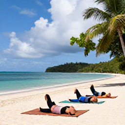 Caribbean Holidays, Grenada Wellness, Outdoor yoga session beside a quiet Grenada beach, tropical greenery, natural wooden mats and tranquil sea views