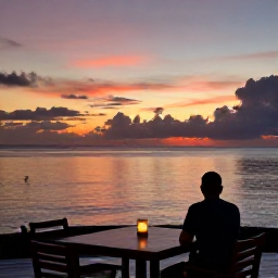 Caribbean Holidays, Grenada Wellness, Peaceful evening at a Grenada seaside restaurant, traveller watching a colourful sunset over calm Caribbean water